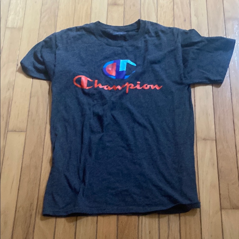 Champion Men's Dark Gray Tee with Multicolor Logo